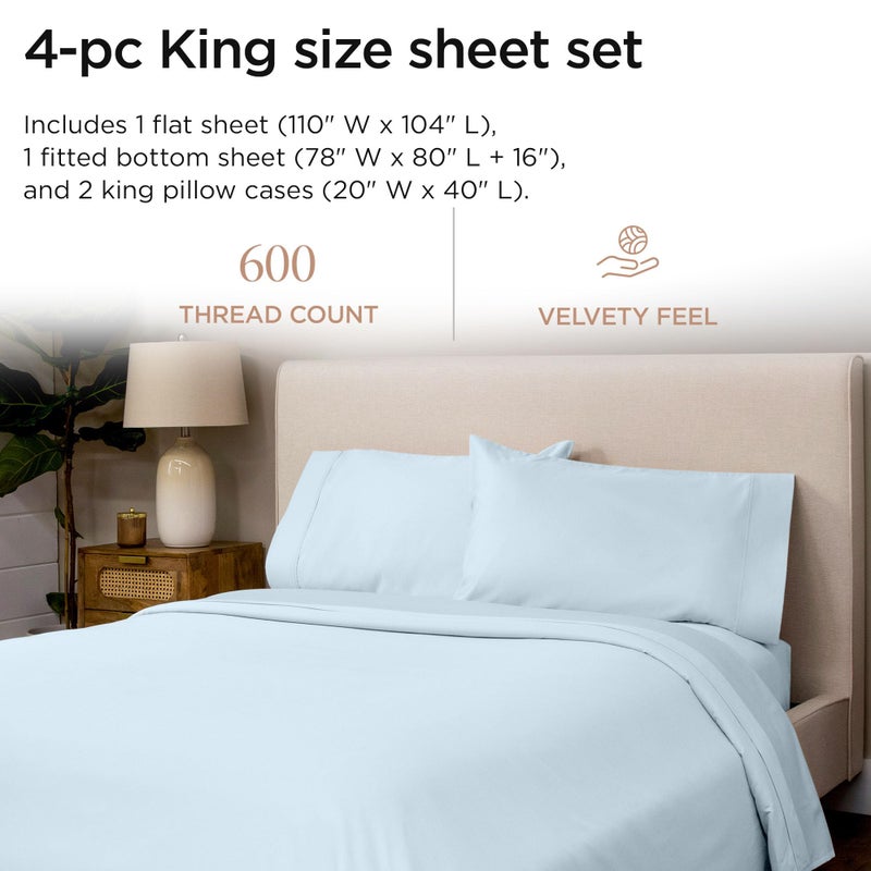Threadmill 100% Cotton Sheets for King Size Bed - 600 Thread Count King Bed Sheets Set with 16â€ Deep Pocket - Sateen Weave 4-Piece Bedding Set with Cooling Effect, Blue - Image 2